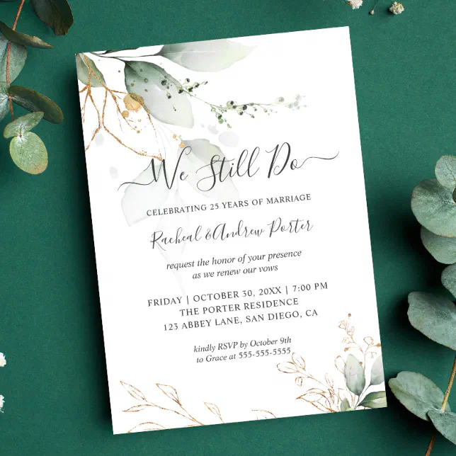 We Still Do Vow Renewal Anniversary Green Gold Invitation | Zazzle