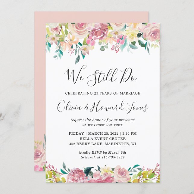 We Still Do Vow Renewal Pastel Chic Blush Floral Invitation (Front/Back)