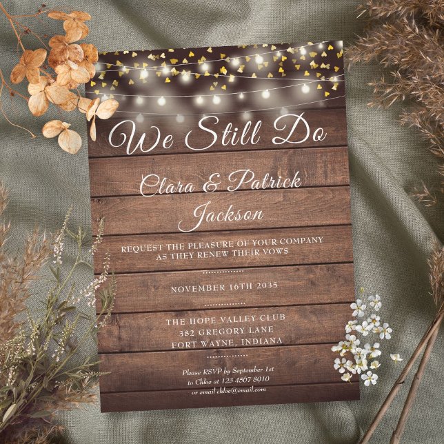 We Still Do Vow Renewal Rustic Wood String Lights Invitation (Creator Uploaded)