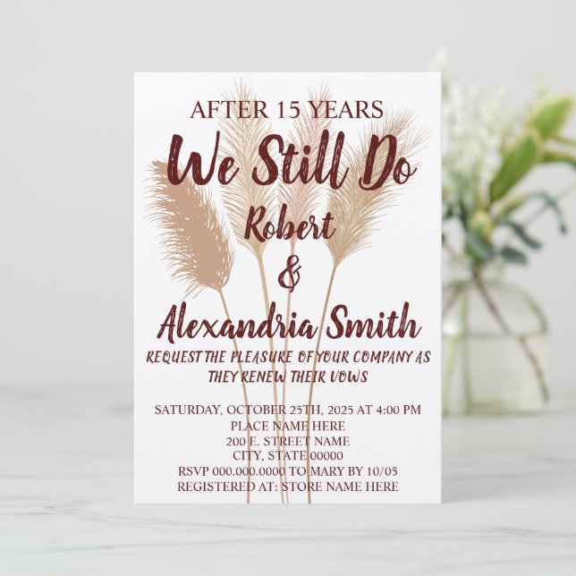 We Still Do Wedding Anniversary Renewal Pampas Invitation (Standing Front)