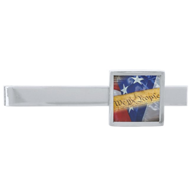 We The People American Flag Silver Finish Tie Bar (Front)