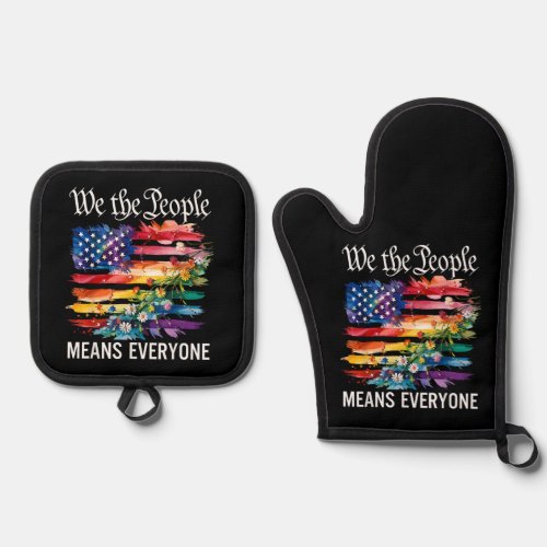 We The People Means Everyone Rainbow LGBT Gay Lesb Oven Mitt &amp; Pot Holder Set