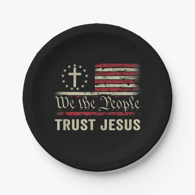 We The People Trust Jesus - USA Flag Christian Pat Paper Plates (Front)