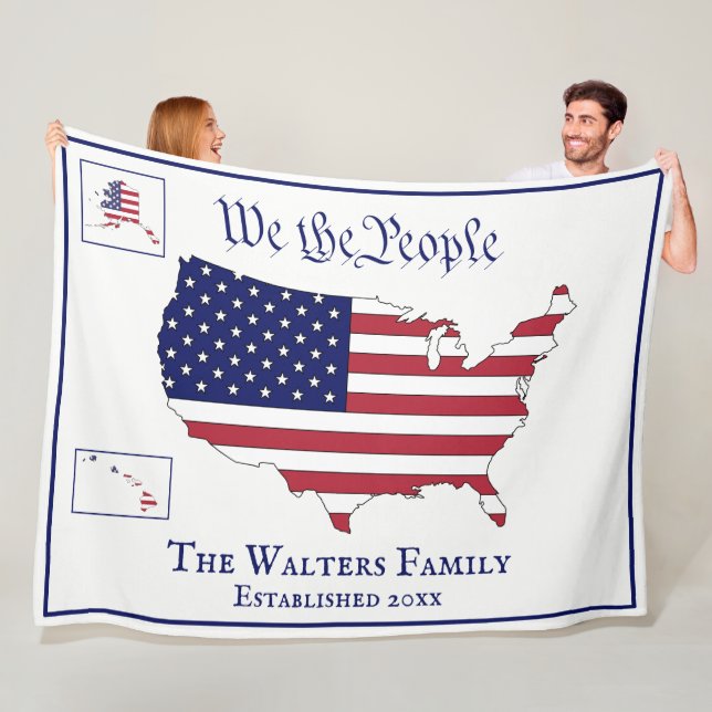 We the People, USA Stars & Stripes Map, Family Nam Fleece Blanket (In Situ)