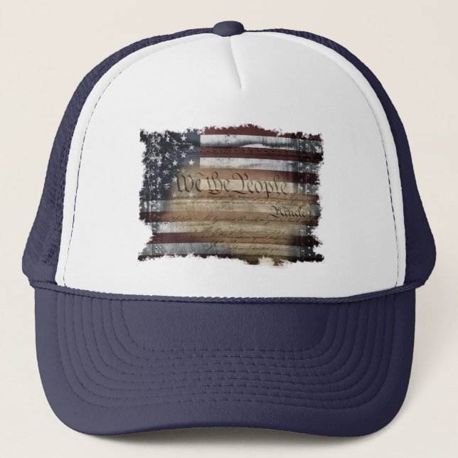 We The People Vintage American Flag Trucker Hat (Front)