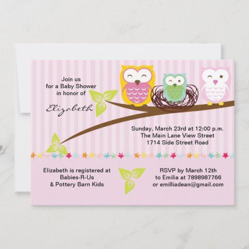 We three owl family pink baby shower invitation