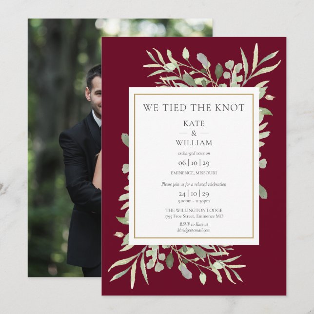 We Tied The Knot Burgundy Elopement Announcement (Front/Back)
