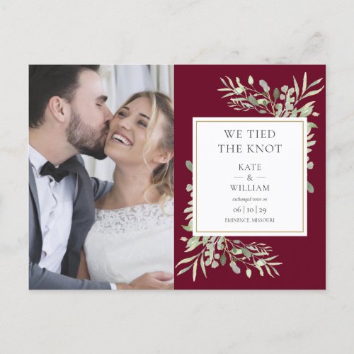 We Tied The Knot Burgundy Greenery Photo Wedding Announcement Postcard