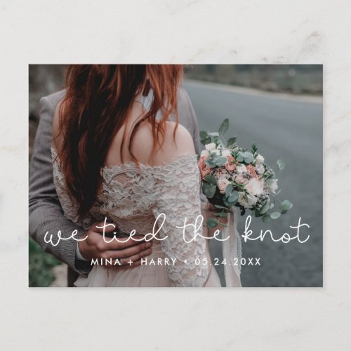 We tied the knot Cute script wedding photo Postcard