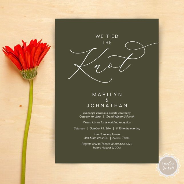 We tied the knot, Elopement Reception Dinner Invitation (We tied the knot, Romantic Wedding Elopement Reception Dinner Invitation Card in Olive Green)