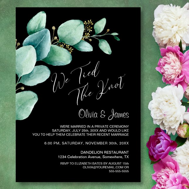 We Tied the Knot Eucalyptus Leaves Black Reception Invitation (Creator Uploaded)