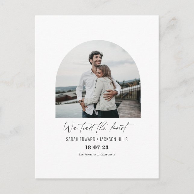We tied the knot modern arch photo elopement announcement postcard (Front)