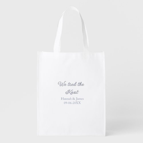 we tied the knot name wedding engagement date blue grocery bag