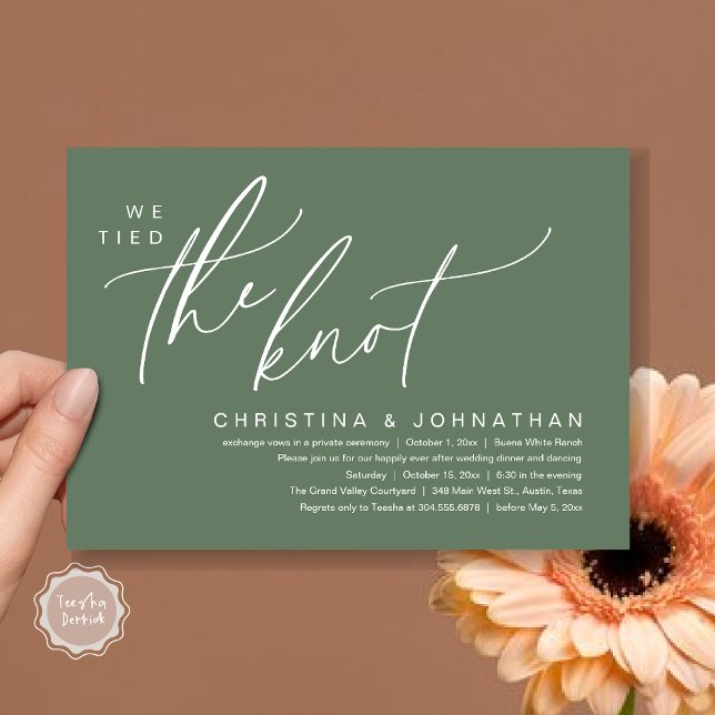 We Tied The Knot Romantic Wedding Elopement Dinner Invitation (We tied the knot, Romantic Wedding Dinner Lunch Brunch Party Reception Invites Card PDF Sage Green)