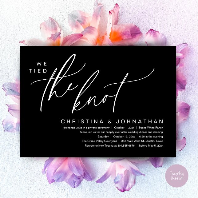 We Tied The Knot Romantic Wedding Elopement Dinner Invitation (We tied the knot, Romantic Wedding Dinner Lunch Brunch Party Reception Invites Card PDF Classy Black)