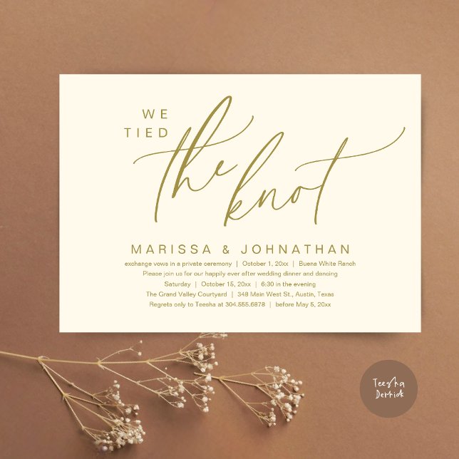 We Tied The Knot Romantic Wedding Elopement Dinner Invitation (We Tied The Knot Romantic Wedding Elopement Dinner Brunch Lunch Party Invites Card PDF Yellow Gold)