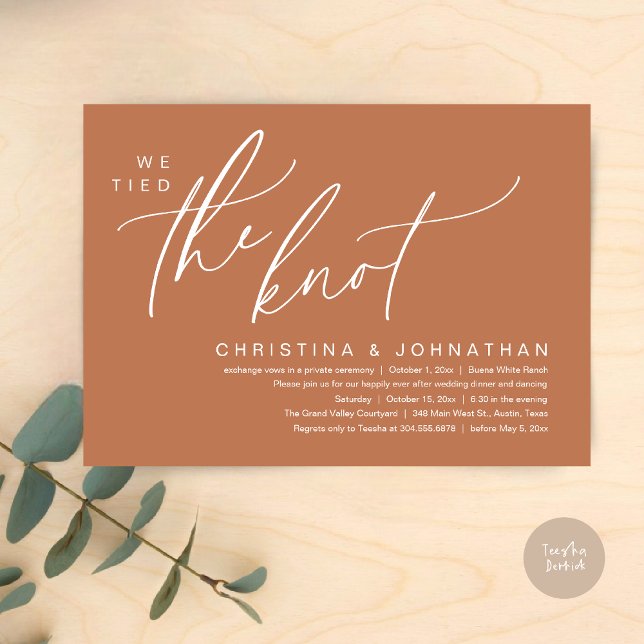 We Tied The Knot Romantic Wedding Elopement Dinner Invitation (We Tied The Knot Romantic Wedding Elopement Dinner Brunch Lunch Party Invites Card PDF Copper Brown)