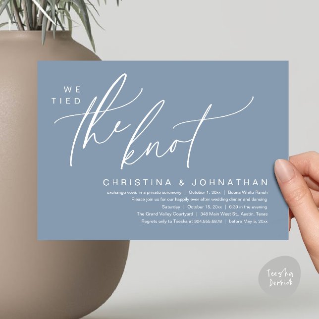We Tied The Knot Romantic Wedding Elopement Dinner Invitation (We Tied The Knot Romantic Wedding Elopement Dinner Brunch Lunch Party Invites Card PDF Dusty Blue)