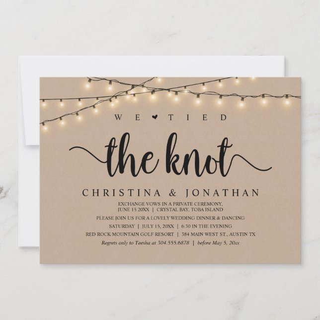 We Tied The Knot, Rustic Wedding Dinner Elopement Invitation (Front)