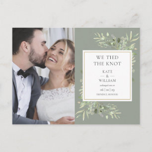 We Tied The Knot Sage Greenery Photo Wedding Announcement Postcard