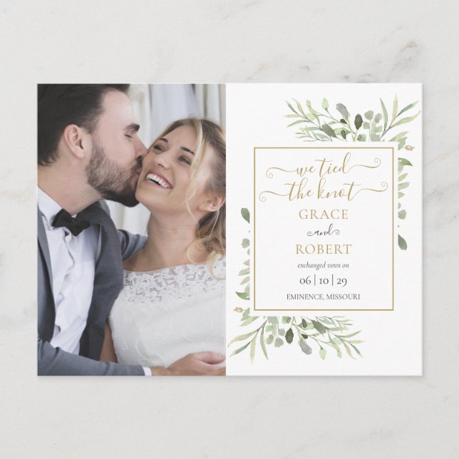 We Tied The Knot Script Greenery Photo Wedding Announcement Postcard (Front)