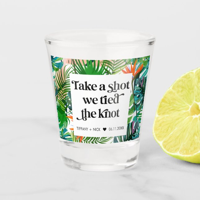 We Tied the Knot Tropical Beach Wedding Favor Shot Glass (Front)