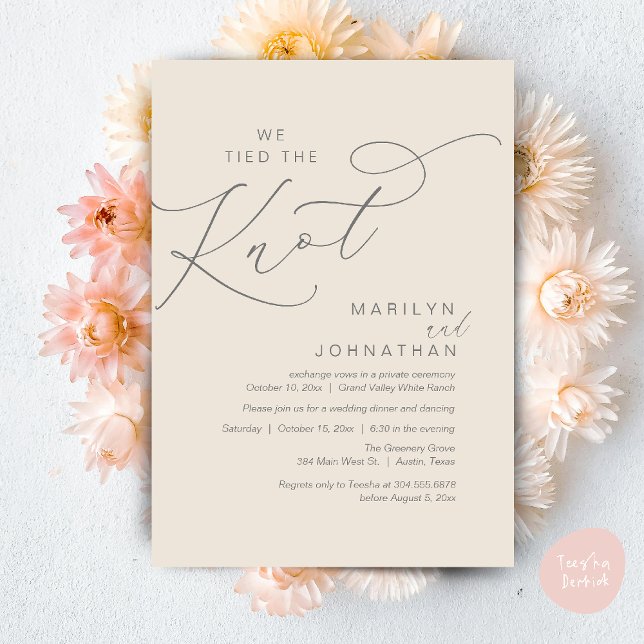 We tied the knot, Wedding Elopement Dinner Party Invitation (We tied the knot, Wedding Elopement Dinner Romantic Modern Party Invitation Card PDF Cream Grey)