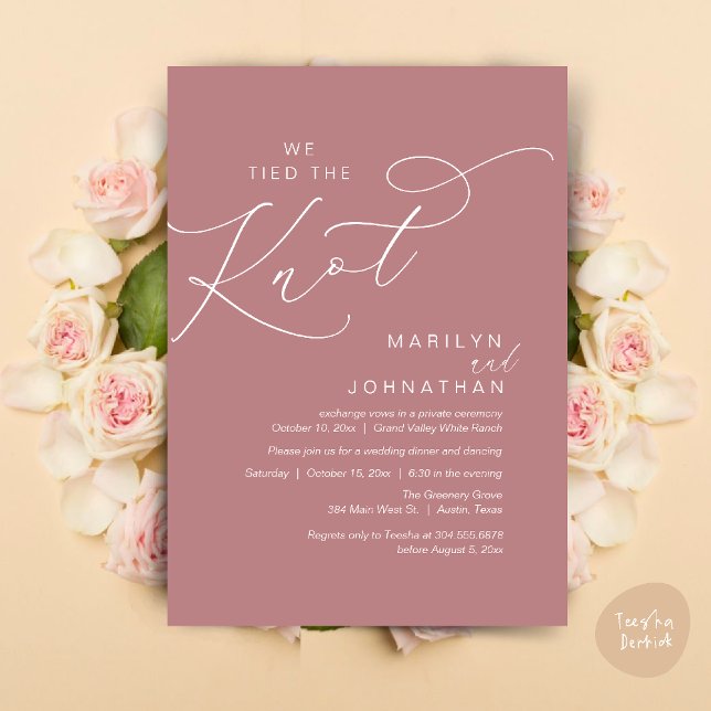 We tied the knot, Wedding Elopement Dinner Party Invitation (We tied the knot, Wedding Elopement Dinner Romantic Modern Party Invitation Card PDF Dusty Rose Pink)