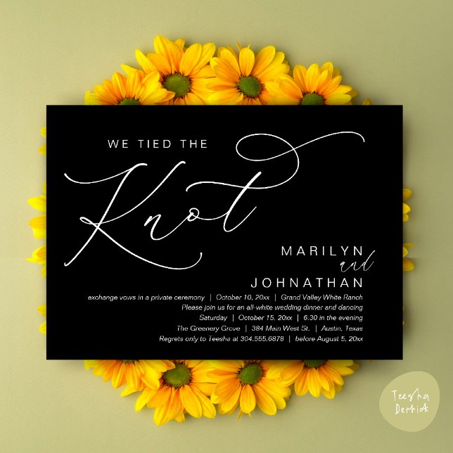 We Tied The Knot, Wedding Elopement Dinner Party Invitation (We tied the knot, Wedding Elopement Dinner Romantic Modern Party Invitation Card PDF White Black)
