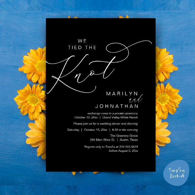 We tied the knot, Wedding Elopement Dinner Party Invitation (We tied the knot, Wedding Elopement Dinner Romantic Modern Party Invitation Card PDF White Black)