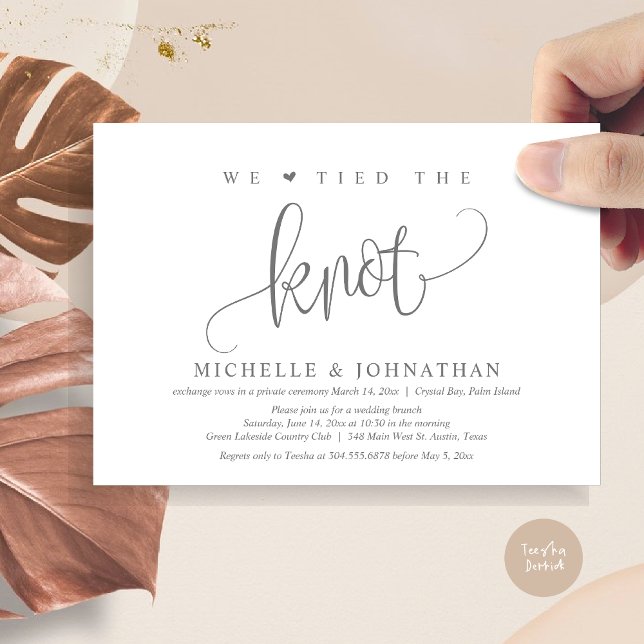 We Tied The Knot, Wedding Elopement Party  Invitat Invitation (We tied the knot, modern wedding elopement dinner party invitation card, PDF, in Dark Grey)