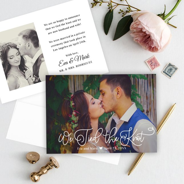 We Tied the Knot White Script Wedding Photo Announcement (Creator Uploaded)