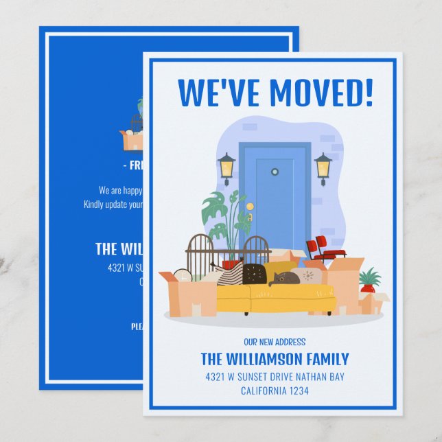 We’ve Moved Blue Front Door Cute Moving Announcement (Front/Back)