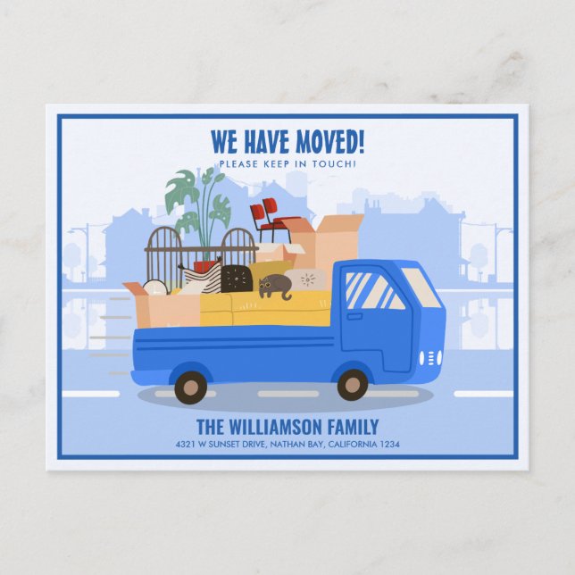 We’ve Moved Blue Truck On The Road Moving Announcement Postcard (Front)