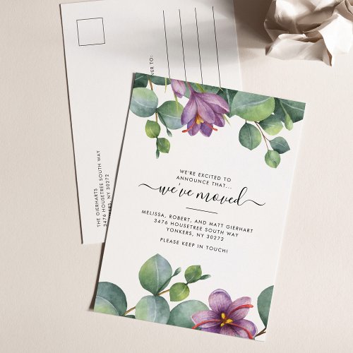 Weve Moved Eucalyptus Purple Green Foliage Moving Announcement Postcard
