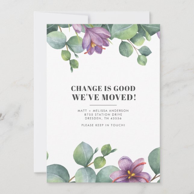 We’ve Moved New Address Eucalyptus Greenery Moving Announcement (Front)