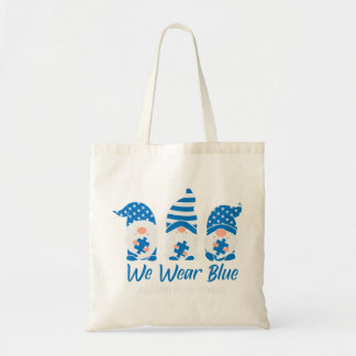 We Wear Blue Autism Awareness "Three Gnomes Holdin Tote Bag