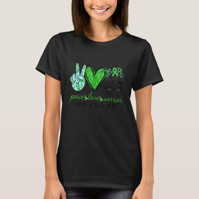 We Wear Green Scoliosis Awareness Peace Love Warri T-Shirt (Front)