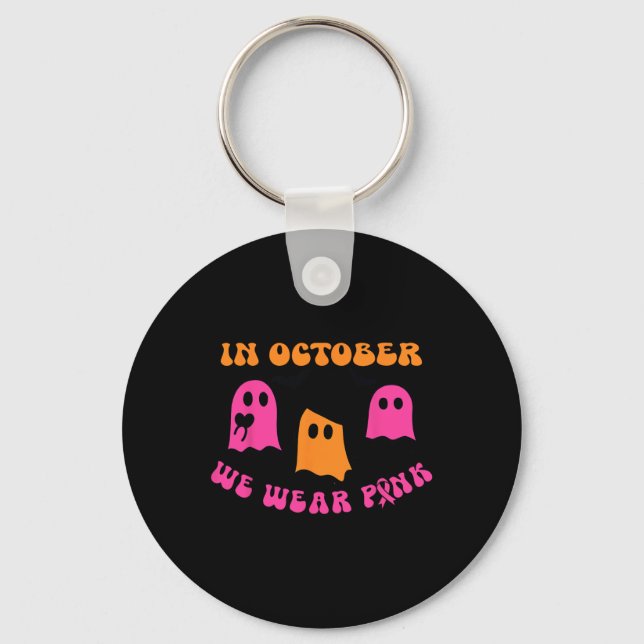 We Wear Pink Pumpkin Ghost Halloween Breast Cancer Keychain (Front)