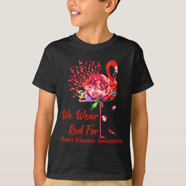We Wear Red For Heart Disease Awareness Flamingo  T-Shirt (Front)