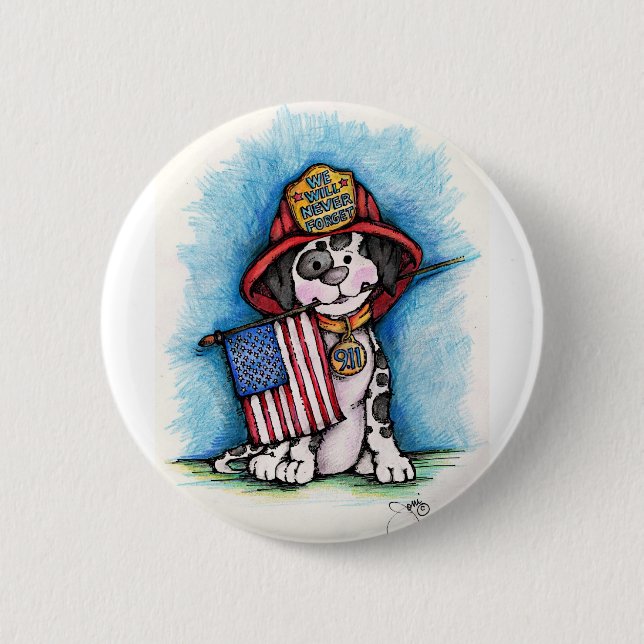 We Will Never Forget 9/11 Firefighter Dalmatian Pinback Button (Front)