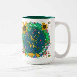 We Win Pretty Floral Bumblebee Blessed Quote Two-Tone Coffee Mug