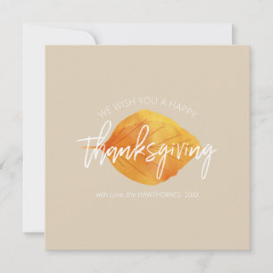 "We wish a Happy Thanksgiving" beige & orange leaf Holiday Card