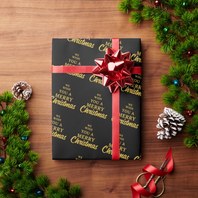 We Wish You A Merry Christmas Black & Yellow Wrapping Paper (Holiday Gift)