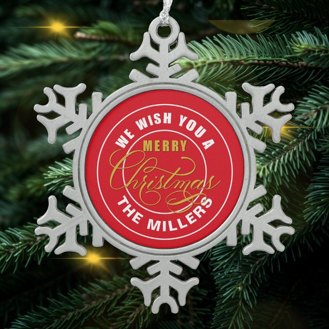 We Wish You a Merry Christmas Custom Name Snowflake Pewter Christmas Ornament (Creator Uploaded)