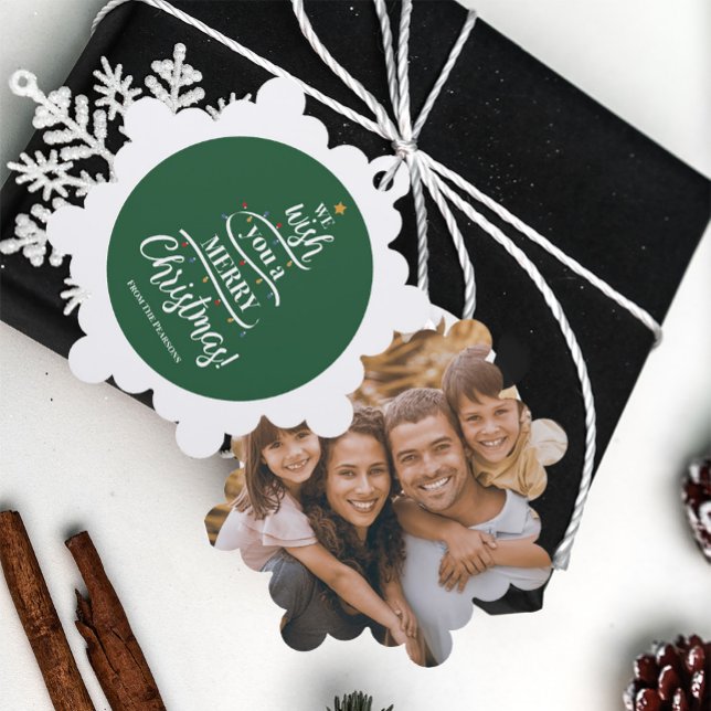 We wish you a Merry Christmas Custom Photo  Ornament Card (Personalized Photo paper ornament, We wish you a Merry christmas holiday tree design, Green white )