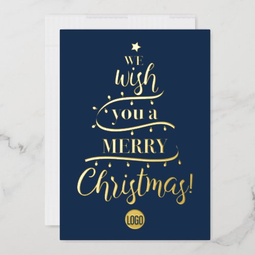 We Wish you a Merry Christmas Elegant Tree Blue Foil Holiday Card