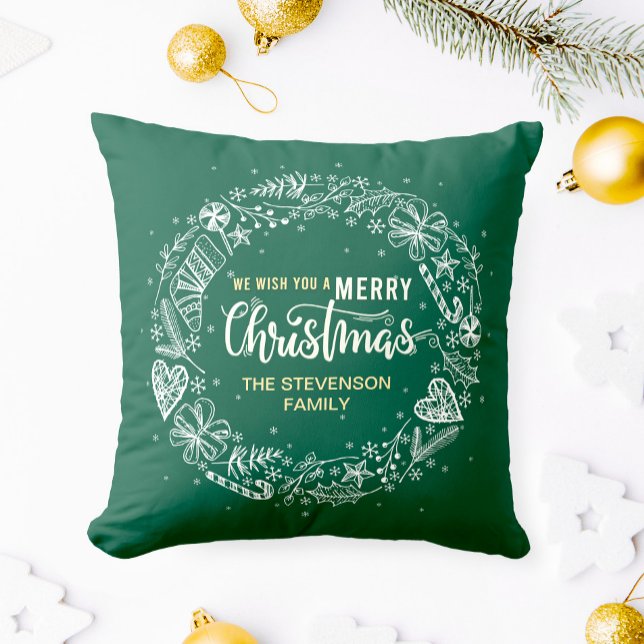 We wish you a Merry Christmas Family Wreath Green Throw Pillow (Creator Uploaded)
