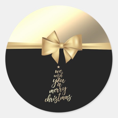 We Wish You A Merry ChristmasFaux Gold Bow Classic Round Sticker