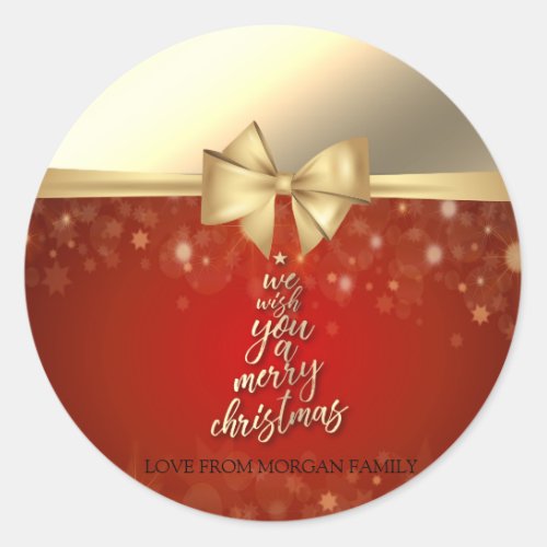 We Wish You A Merry ChristmasFaux Gold Bow Red Classic Round Sticker